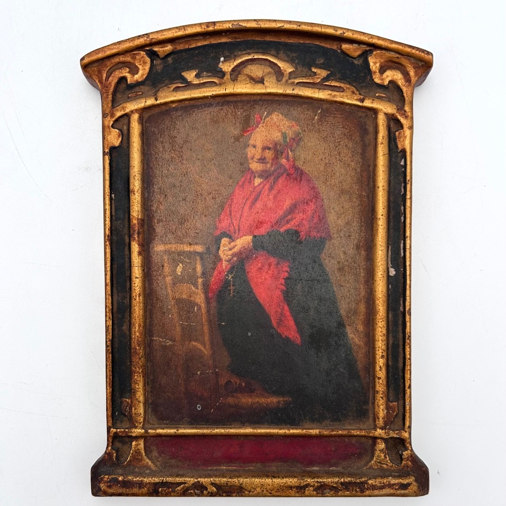 Vintage Print of Andre Crochepierre Peasant Woman Prayer Gilt Wood Frame 7x4.5